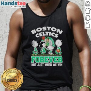 Official Peanuts characters tank top featuring Boston Celtics logo and slogan 'Forever, Not Just When We Win.'