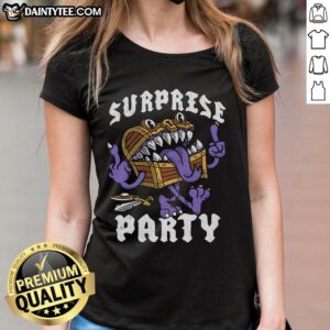 Women wearing the Good Surprise Party Mimic Chest Tee, enjoying a fun celebration with friends and laughter.