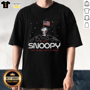 Alt Text: Pretty Snoopy first beagle on the moon 1969 patriotic T-shirt featuring Snoopy in a space suit and American flag.