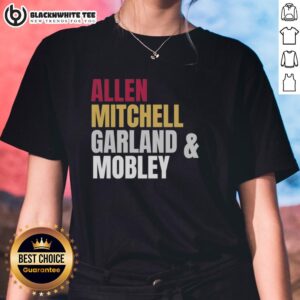 Alt Text: Cleveland Cavaliers basketball starting four featuring Allen, Mitchell, Garland, and Mobley on a ladies' tee.