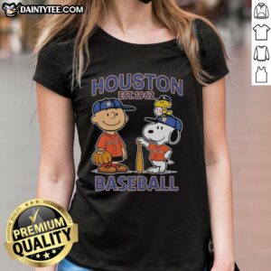 Charlie Brown, Snoopy, and Woodstock wearing Houston Astros jersey, perfect for fans of the team and Peanuts characters.