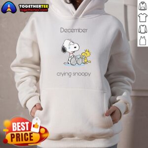 Alt Text: Cute December hoodie featuring Snoopy and Woodstock crying, perfect for fans of the Peanuts comic strip.
