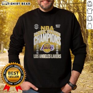 Good Los Angeles Lakers 2026 Pacific Division Champions sweatshirt displayed in a locker room setting.