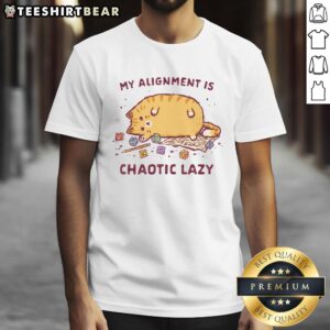 Alt Text: Cute My Alignment Is Chaotic Lazy Cat T-Shirt featuring a playful cat graphic and humorous text design.