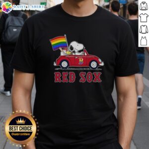 Boston Red Sox X Snoopy and Woodstock driving a car with a rainbow flag T-shirt design, perfect for fans and pride events.