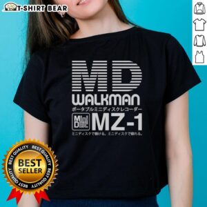 Alt Text: Sony MD Walkman MZ-1 graphic on a stylish ladies' tee, showcasing vintage audio technology and fashion.