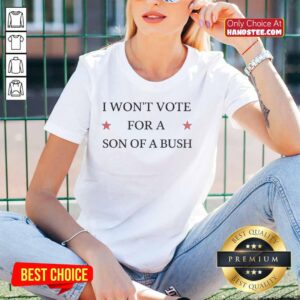 Drew Barrymore wearing 'I Won't Vote for a Son of a Bush' ladies tee, showcasing her bold political statement.