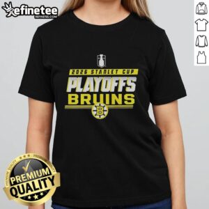 Premium Boston Bruins NHL 2026 Stanley Cup Playoffs Ladies Tee in black, featuring team logo and stylish design.