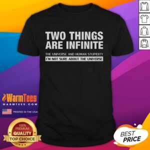 Funny Infinite Stupidity T-Shirt featuring the quote 'Two things are infinite: the universe and human stupidity.'
