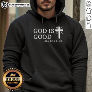 Alt Text: Good God is Good All The Time cross shape hoodie in black, featuring a bold religious graphic design.