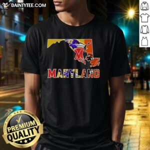 Nice Maryland Sports Teams Graphic Transfer State T-Shirt featuring vibrant team logos and the Maryland state outline.