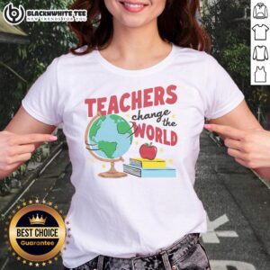 Alt Text: Awesome Teachers Change the World white and red ringer ladies tee shirt, ideal for teacher appreciation gifts.