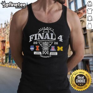Official Indianapolis 2026 NCAA Men's Final 4 tank top featuring 'The Road Ends Here' slogan and vibrant team colors.