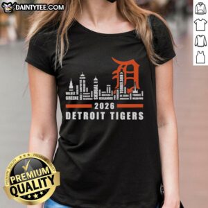 Hot Detroit Tigers MLB 2026 ladies tee featuring city skyline shape and player names for fans.