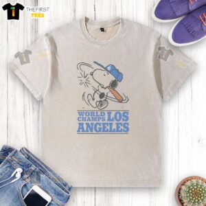 Top Snoopy X Los Angeles Dodgers MLB World Series Champions washed t-shirt featuring iconic Snoopy design and Dodgers logo.