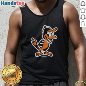 Nice Zay wearing a Baltimore Orioles mascot tank top, showcasing team spirit and style since 1954.