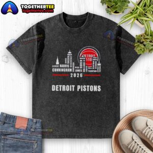Stylish washed t-shirt featuring Detroit Pistons 2026 greatest players and a vibrant city skyline design.