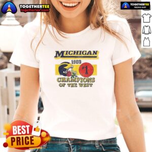 Vintage ladies tee featuring the 1989 Michigan Wolverines NCAA Champions of the West design, perfect for fans.