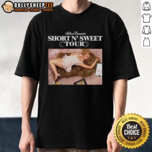 Original Short N' Sweet Tour Sabrina Carpenter T-Shirt featuring vibrant graphics and tour details, perfect for fans.