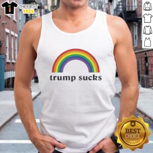 Funny tank top featuring the phrase Official Trump Sucks in a vibrant rainbow design, perfect for making a bold statement.