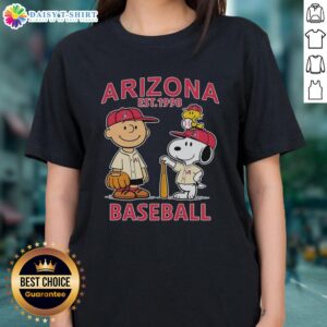 Pretty Charlie Brown, Snoopy, and Woodstock in Arizona Diamondbacks jersey tee for ladies, established 1998.