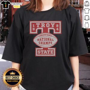 Alt Text: Top Troy State Football 1984 National Champions ladies tee featuring vintage design and school colors.
