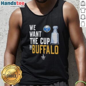 Buffalo Sabres logo tank top featuring 'We Want The Cup' design, perfect for fans supporting their team.