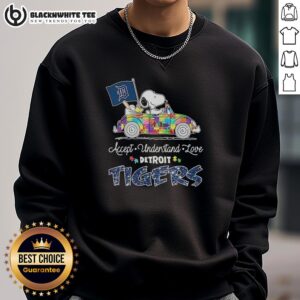 Detroit Tigers Snoopy and Woodstock driving car sweatshirt, promoting acceptance, understanding, and love.