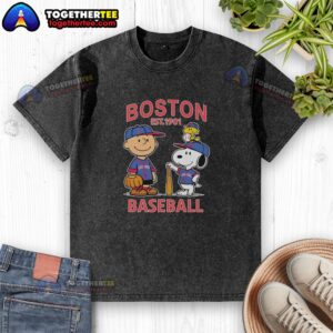 Charlie Brown, Snoopy, and Woodstock in a Boston Red Sox jersey, showcasing a vintage washed t-shirt design.