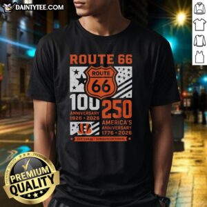 Alt Text: Cincinnati Bengals Route 66 Centennial T-Shirt celebrating 100th Anniversary 1926-2026 and America's 250th Anniversary.