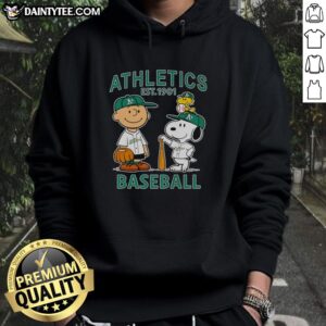 Alt Text: Good Charlie Brown, Snoopy, and Woodstock wearing Oakland Athletics baseball jersey hoodie established 1901.