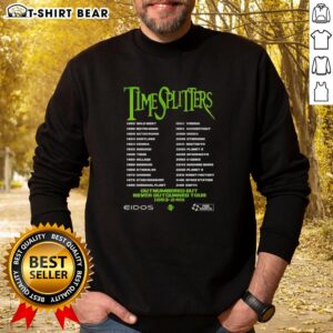 Top Timesplitters Outnumbered But Never Outgunned tour sweatshirt featuring vibrant graphics and a stylish design.