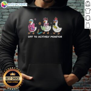 Person wearing a Funny Off to Actively Monitor Silly Goose School Hoodie, showcasing a playful design and vibrant colors.