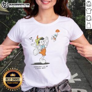 Official Someday I'll Be A Real Boy Disney Mickey Mouse Ladies Tee featuring a playful Mickey design.
