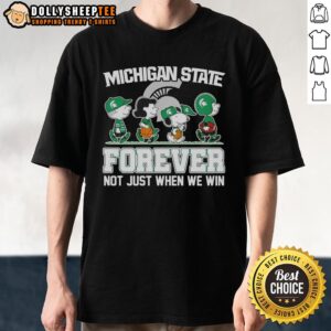 Alt Text: Original Peanuts X Michigan State Spartans fan t-shirt featuring cartoon characters, perfect for loyal supporters.