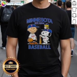 Charlie Brown, Snoopy, and Woodstock in Minnesota Twins baseball jersey t-shirt, est. 1894, perfect for baseball fans.
