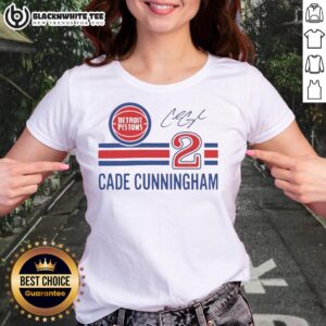 Top Cade Cunningham Detroit Pistons ladies tee featuring his signature name and number for stylish fan apparel.