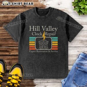 Pretty Hill Valley Clock Repair washed t-shirt featuring a vintage clock design, perfect for clock enthusiasts and casual wear.