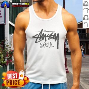 Top Stussy Seoul logo tank top featuring bold graphic design and stylish fit, perfect for streetwear enthusiasts.