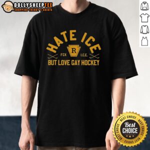 Hot Hate Ice But Love Gay Hockey T-Shirt featuring a bold design celebrating LGBTQ+ pride in sports.