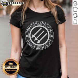 Nice Sometimes Antisocial Always Antifascist Ladies Tee featuring bold text on a stylish women's t-shirt design.