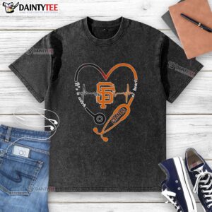 Alt Text: Original San Francisco Giants heart and soul design on a stethoscope heartbeat shape washed t-shirt.