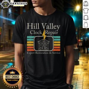 Premium Hill Valley Clock Repair T-Shirt featuring a vintage design perfect for fans of time travel and retro style.