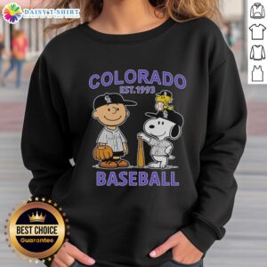 Alt Text: Charlie Brown, Snoopy, and Woodstock wearing a Colorado Rockies jersey on a sweatshirt, est. 1993 design.