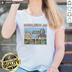 Alt Text: Official Mandalorian Jam Grogu and Mando ladies tee featuring vibrant graphics of Grogu and the Mandalorian.