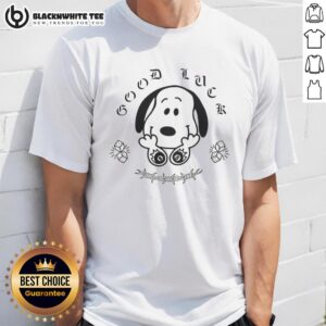 Official Snoopy Good Luck Barbed Wire T-Shirt featuring Snoopy graphic on a stylish black tee for fans and collectors.