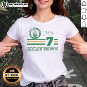Alt Text: Top Jaylen Brown Boston Celtics signature name and number ladies tee featuring vibrant team colors and stylish design.
