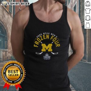 2026 Frozen Four tank top featuring Notre Dame Fighting Irish Golf Leprechaun design for Michigan men's hockey fans.