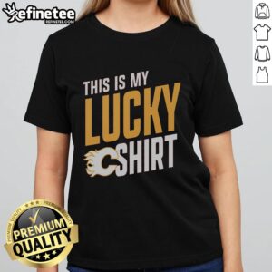 Alt Text: Premium Calgary Flames This Is My Lucky Ladies Tee in red, perfect for female fans showcasing team spirit.