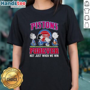 Official Peanuts Characters X Detroit Pistons Forever Ladies Tee featuring iconic characters and team spirit design.